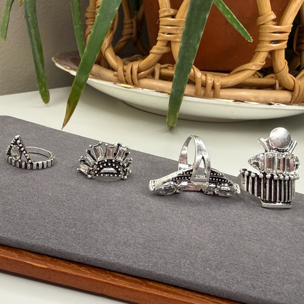 NWT Free People Rhapsody Silver Rhinestone Statement Ring Set Art Deco Stack - Picture 5 of 11